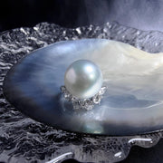 Natural SS South Sea White Pearl Ring 13.5mm,Diamond 0.88ct 18K Gold PSL